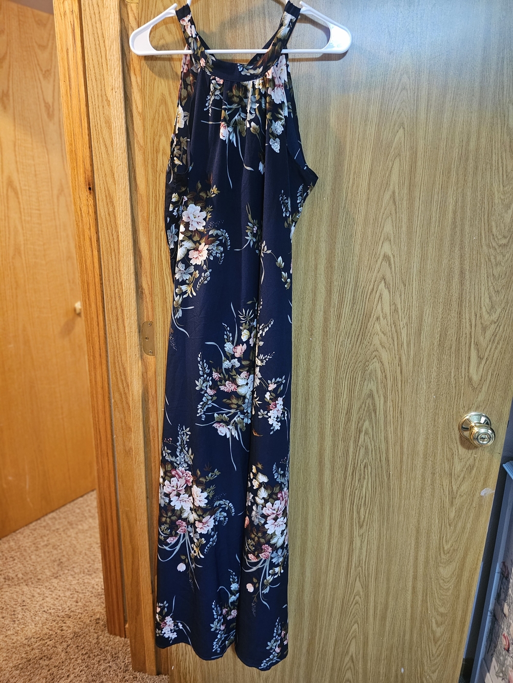 Floerns Navy Blue Floral Halter Neck Maxi Dress